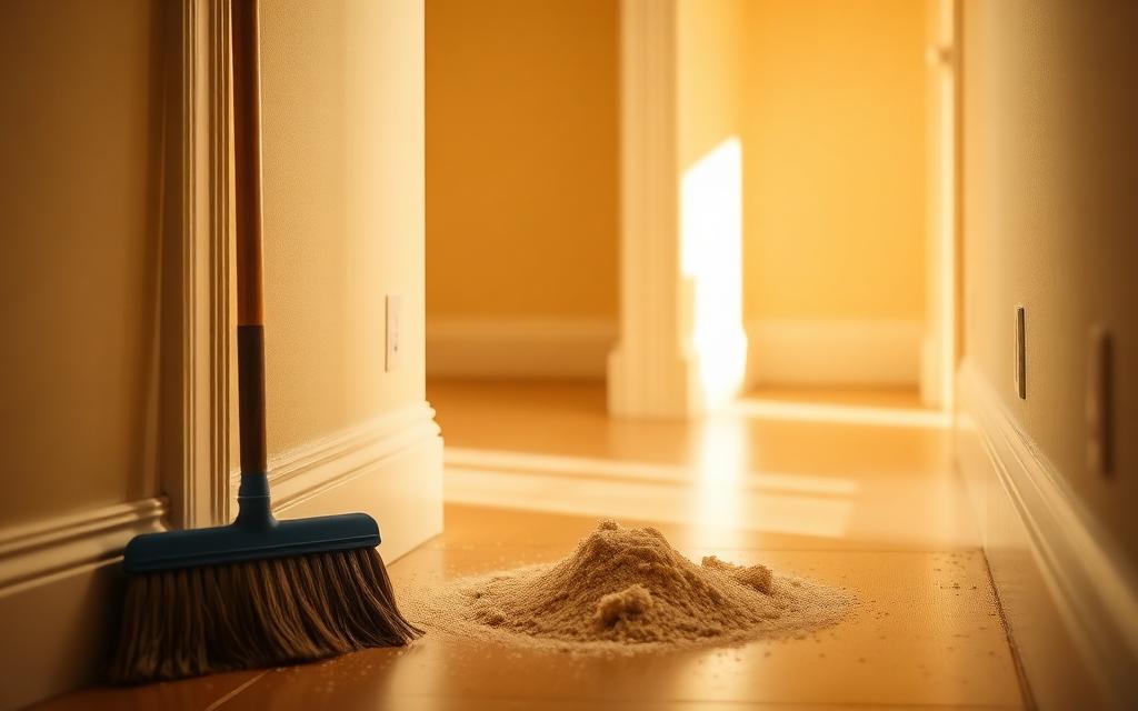 A broom beside a tidy pile of sawdust on a freshly swept floor