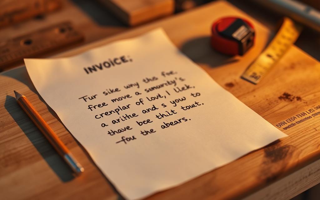 A handwritten invoice on a wooden workbench next to a pencil and measuring tape