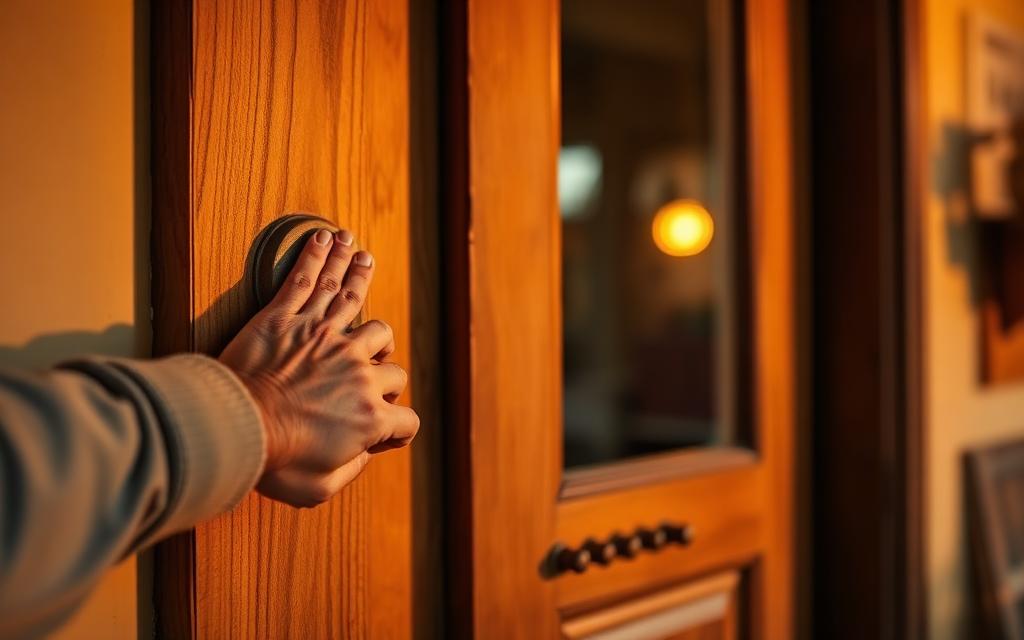 A hand knocking on a wooden front door at golden hour